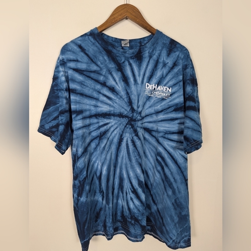 VINTAGE Blue Tie Dye Cotton Chevrolet Car Tee Shirt 2XL - Picture 7 of 7